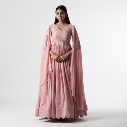 Onion Pink Cape Sleeves Floorlength