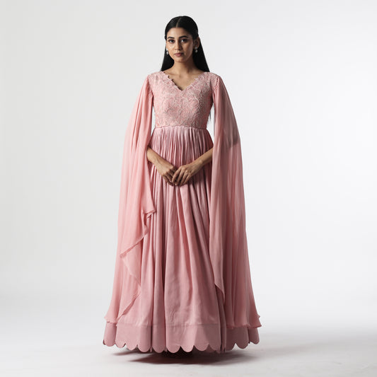 Onion Pink Cape Sleeves Floorlength