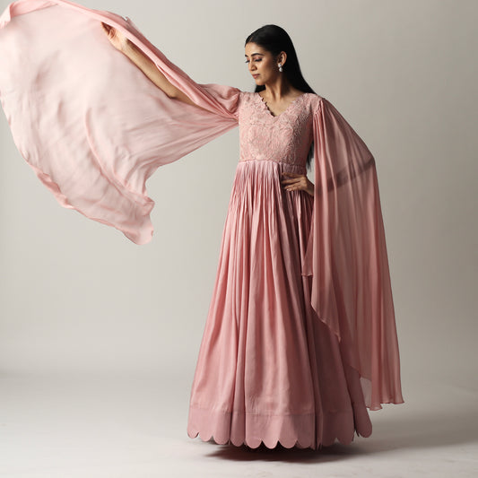 Onion Pink Cape Sleeves Floorlength