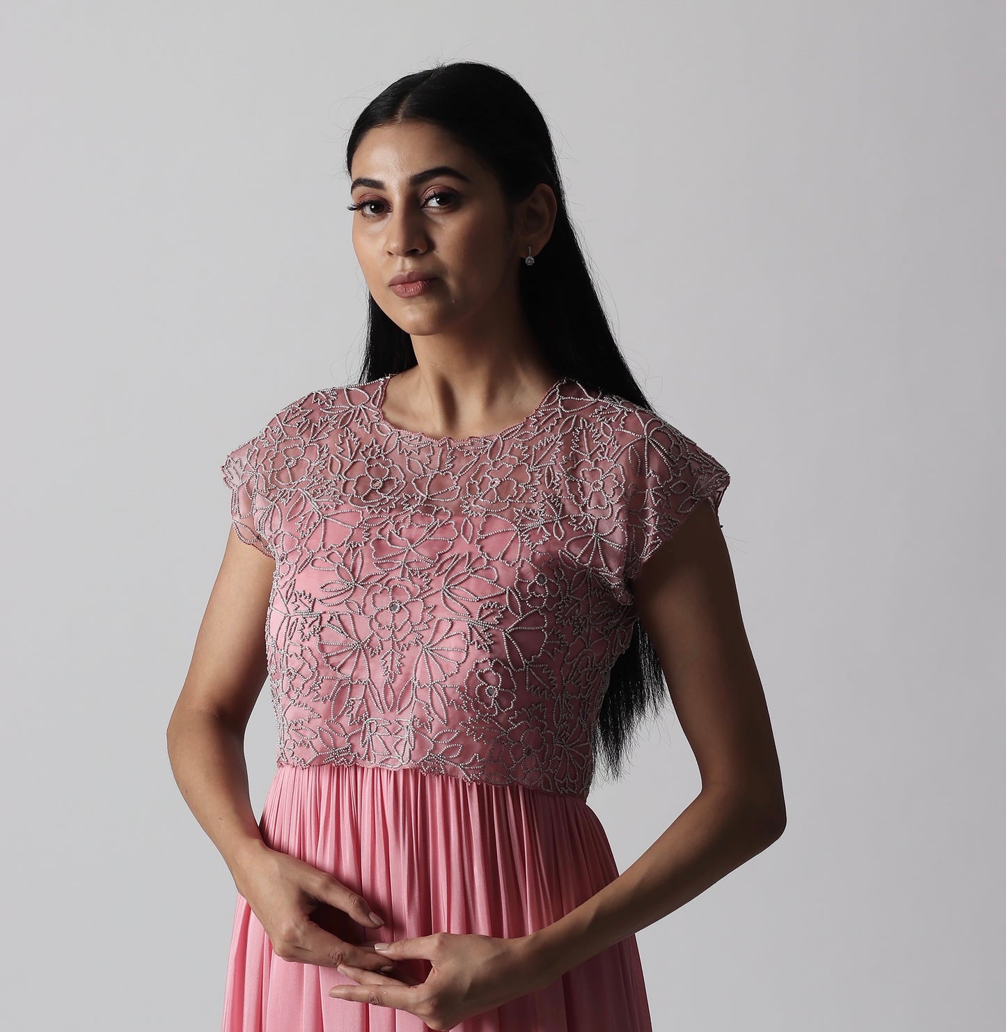 Powder Pink Layered Floorlength with pearl Tie Jacket