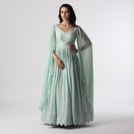 Seagreen Cape Sleeve Floorlength