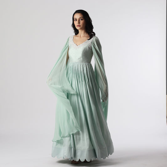 Seagreen Cape Sleeve Floorlength
