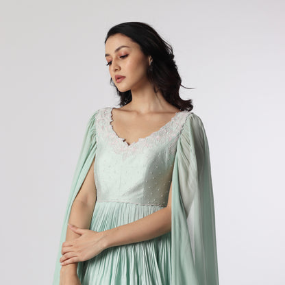 Seagreen Cape Sleeve Floorlength