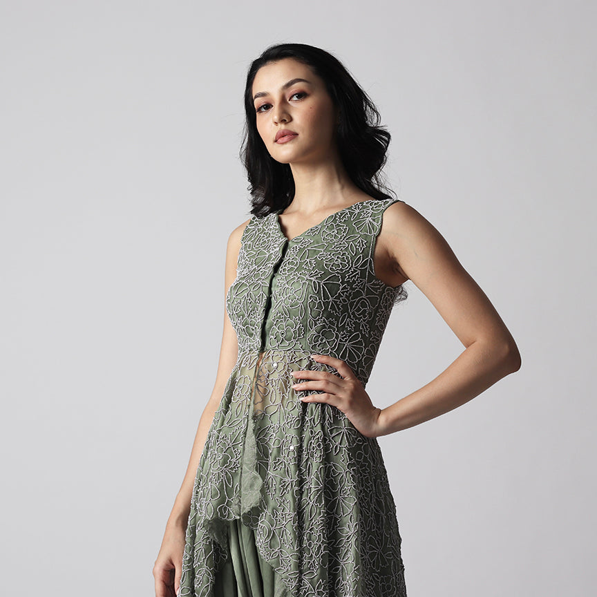 Green Embroidery Peplum Dhoti