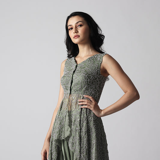 Green Pearl Embroidery Peplum Dhoti