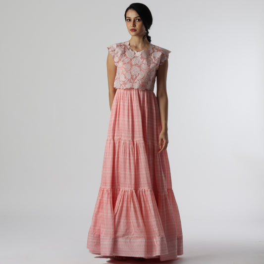 Peach stripes Layered Floorlength with Applique Tie Jacket