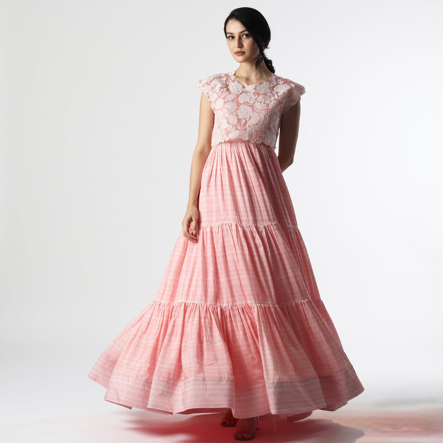 Peach stripes Layered Floorlength with Applique Tie Jacket