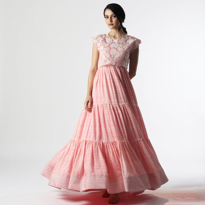 Peach stripes Layered Floorlength with Applique Tie Jacket