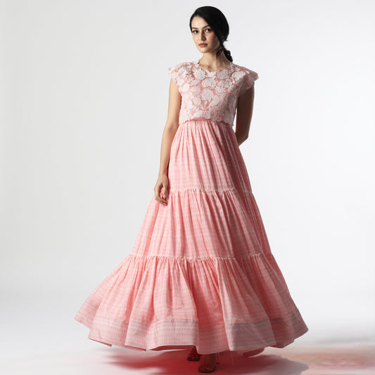 Peach stripes Layered Floorlength with Applique Tie Jacket