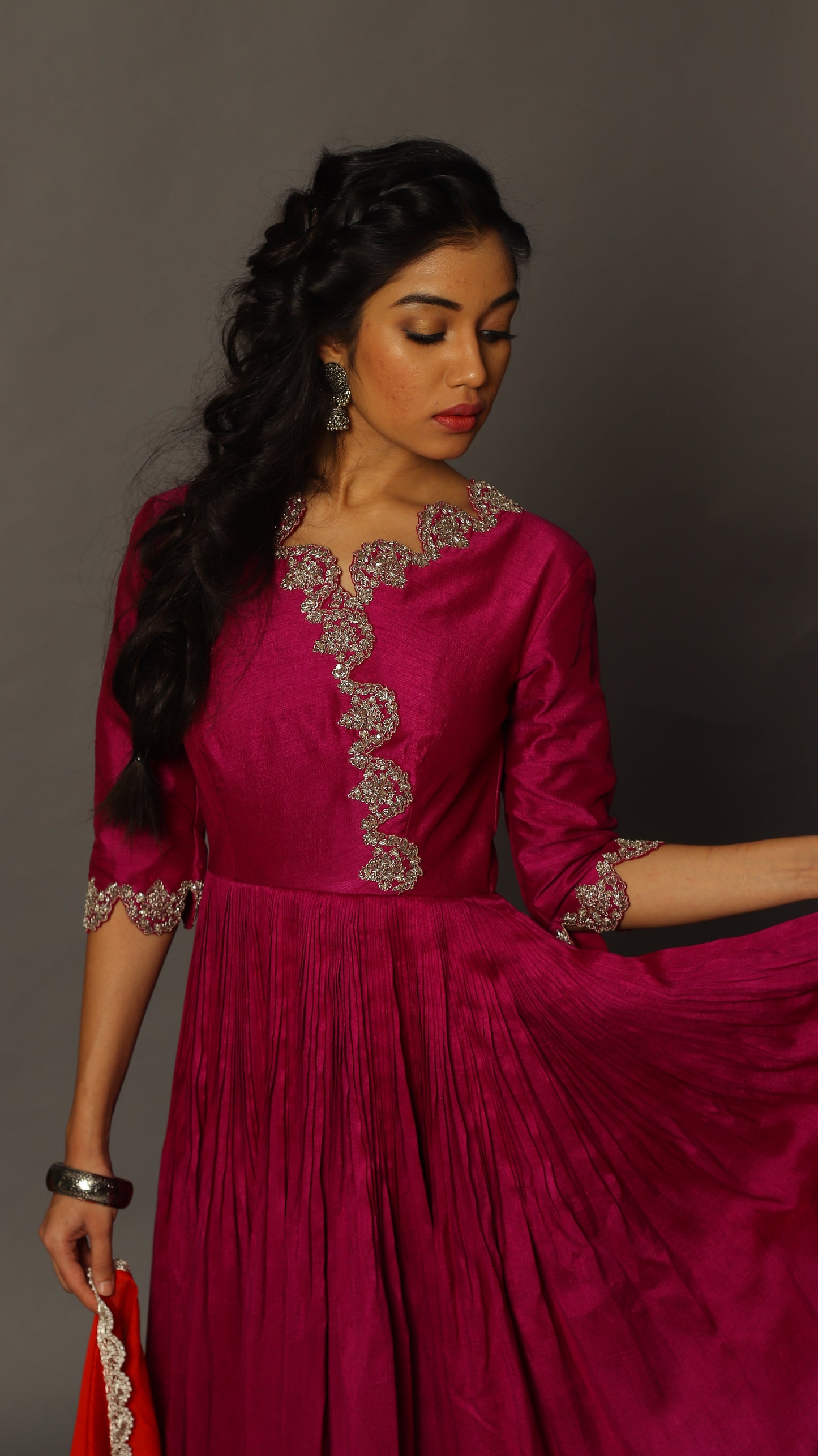 Magenta floor-length Angrakha Anarkali Set