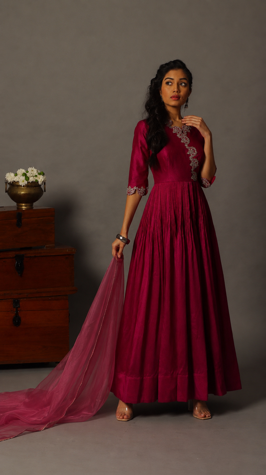 Magenta floor-length Angrakha Anarkali Set