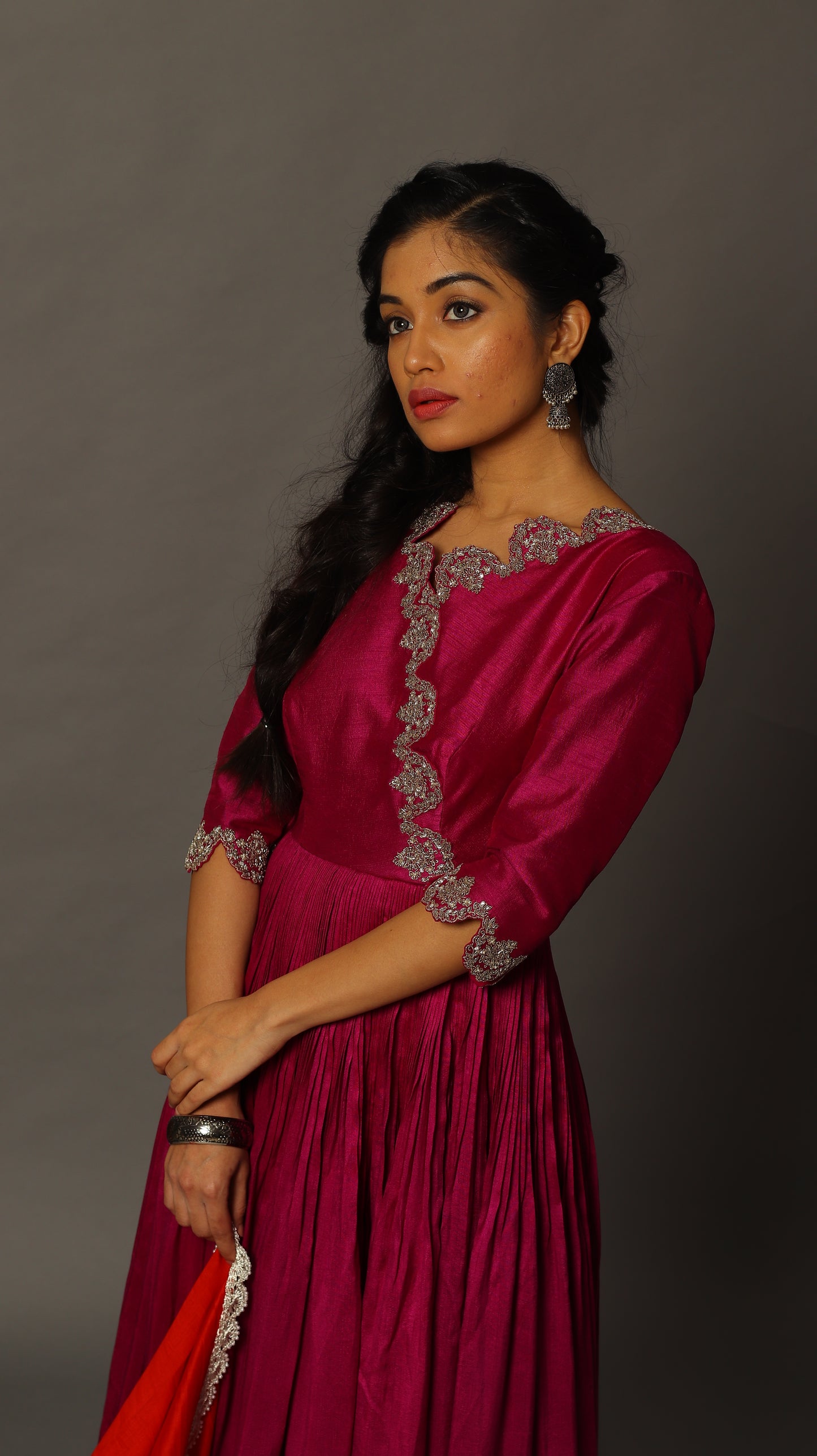 Magenta floor-length Angrakha Anarkali Set