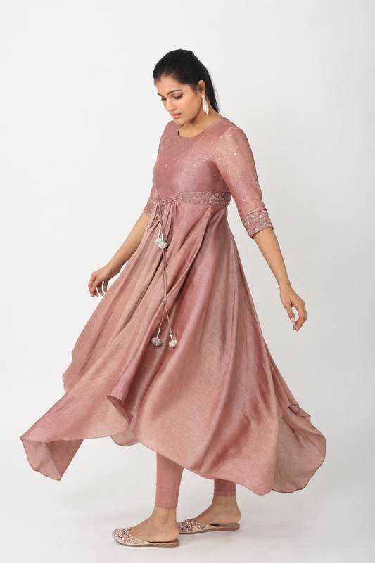 Dusty rose asymmetrical flared kurta set