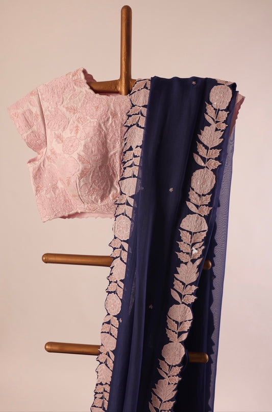 Midnight Blue Applique Falling Organza Saree set