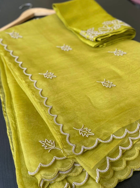 Lime Green Leaf Motifs Organza Saree with Unstitched Blouse Fabric