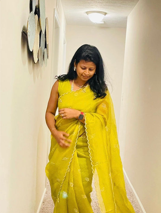Lime Green Leaf Motifs Organza Saree with Unstitched Blouse Fabric