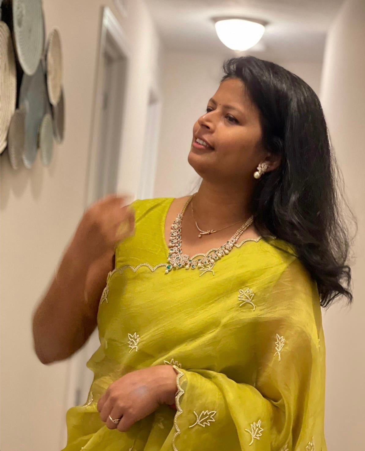 Lime Green Leaf Motifs Organza Saree