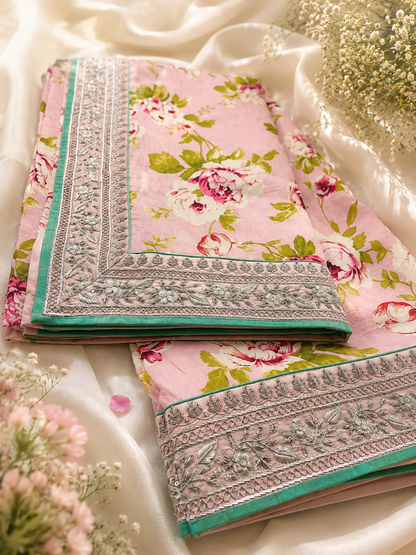 Pink Flower Bunch Silk Saree