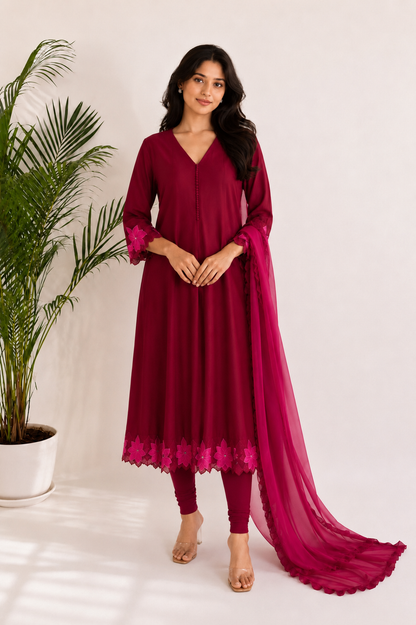 Red VT applique Kurta Set