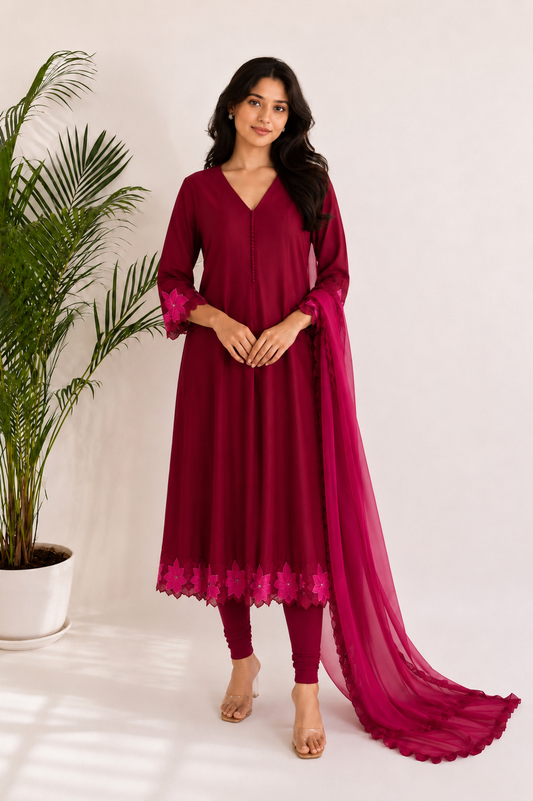 Red VT applique Kurta Set