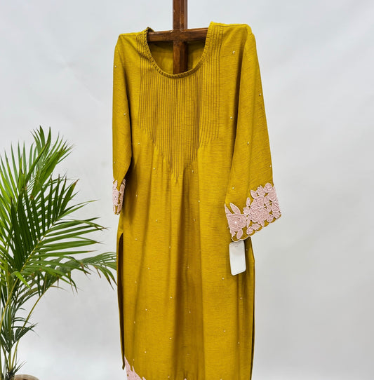 Mustard Yellow Applique Pearl Kurta with Pants