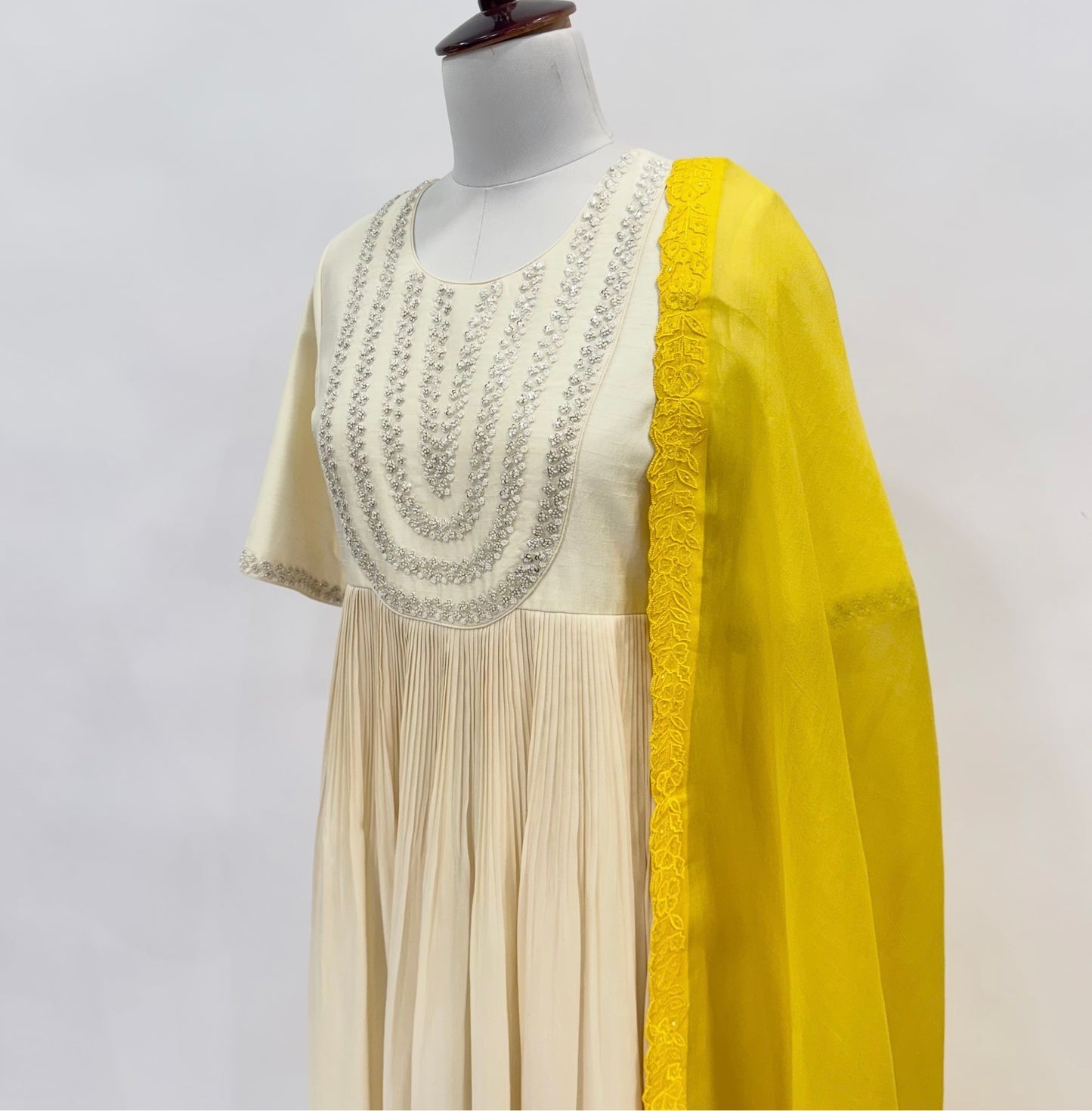 Ivory Knot Embroidery Anarkali with yellow Applique Dupatta