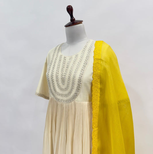 Ivory Knot Embroidery Anarkali with yellow Applique Dupatta