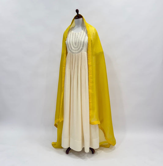 Ivory Knot Embroidery Anarkali with yellow Applique Dupatta