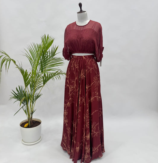 Maroon Foliole Outline Balloon Top Skirt Set