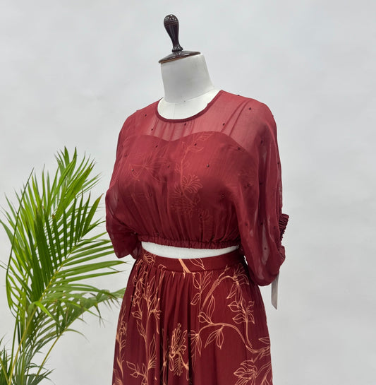 Maroon Foliole Outline Balloon Top Skirt Set