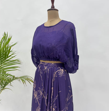 Purple Foliole Outline Balloon Top Skirt Set