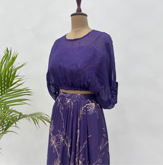 Purple Foliole Outline Balloon Top Skirt Set