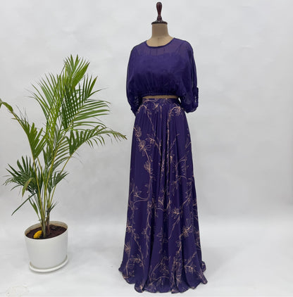 Purple Foliole Outline Balloon Top Skirt Set