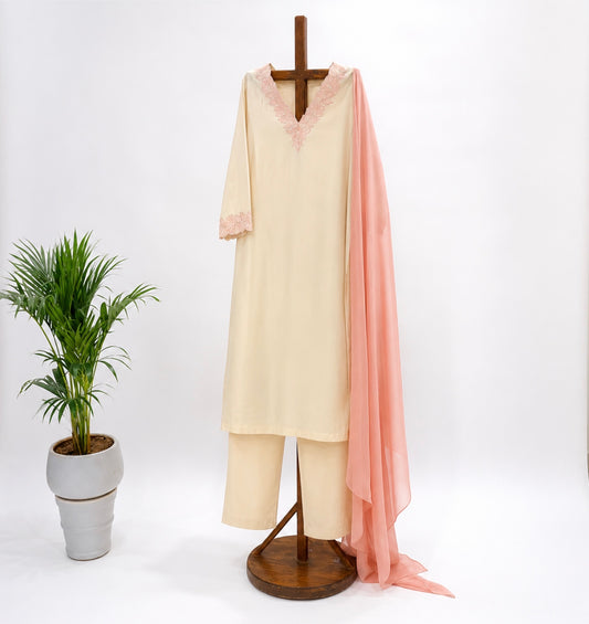 Cream Applique Neckline Kurta Set