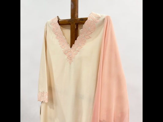 Cream Applique Neckline Kurta Set