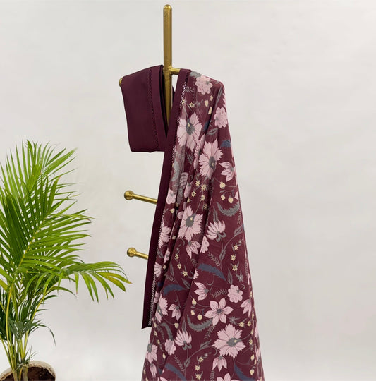 Burgundy Indy Print Mul Chanderi Saree