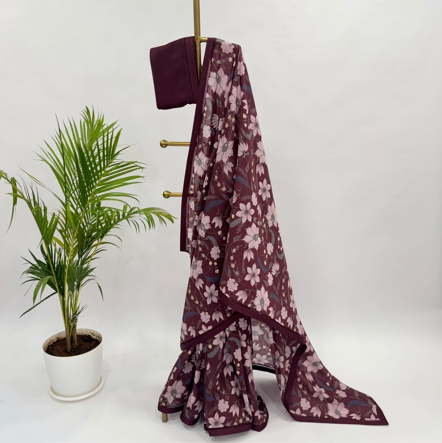 Burgundy Indy Print Mul Chanderi Saree