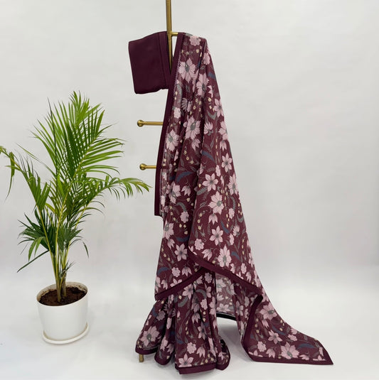 Burgundy Indy Print Mul Chanderi Saree
