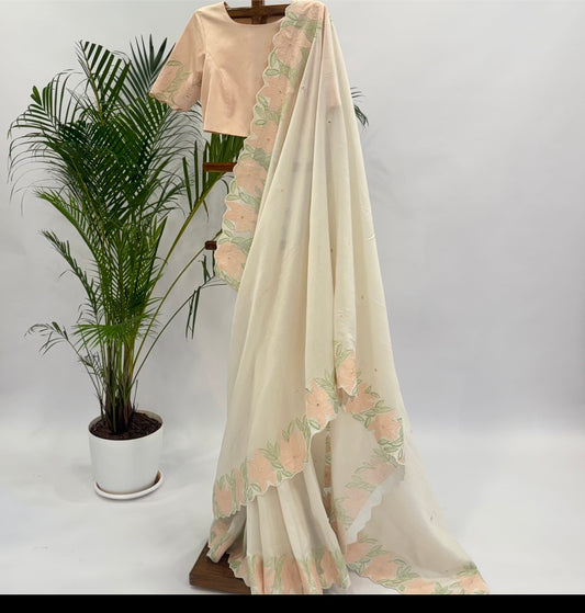 OffWhite VT Applique Chanderi Silk Saree