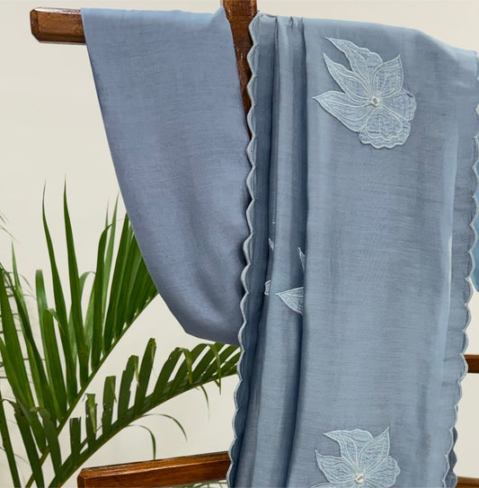 Powder Blue Vt Applique Motifs Chanderi Silk Saree