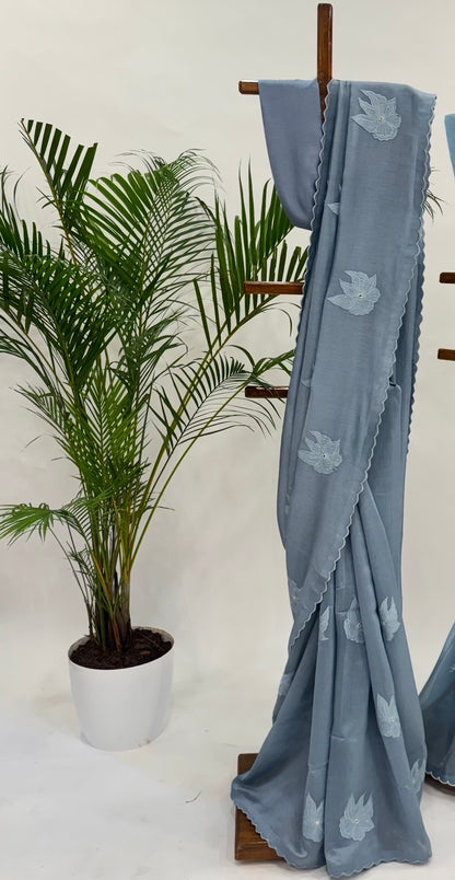 Powder Blue Vt Applique Motifs Chanderi Silk Saree
