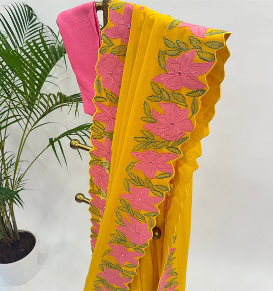 Yellow VT Applique Falling Organza Saree