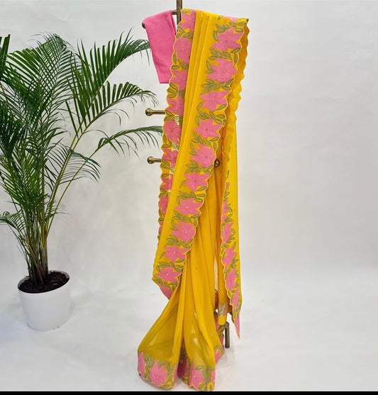 Yellow VT Applique Falling Organza Saree