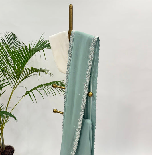 Seagreen Pearl Georgette Saree
