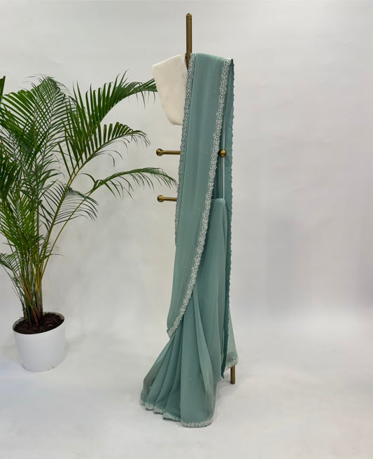 Seagreen Pearl Georgette Saree