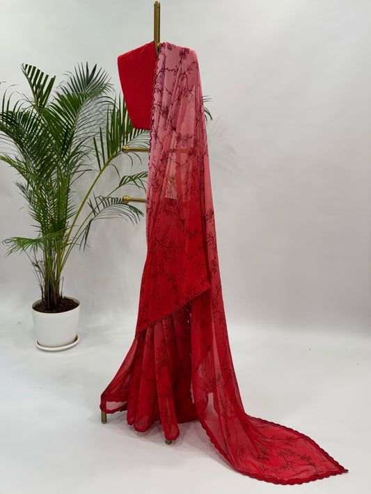 Foliole Gradient Georgette Saree with Cutbeads Scallop border