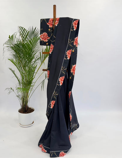 Black peonia Chanderi Silk Saree