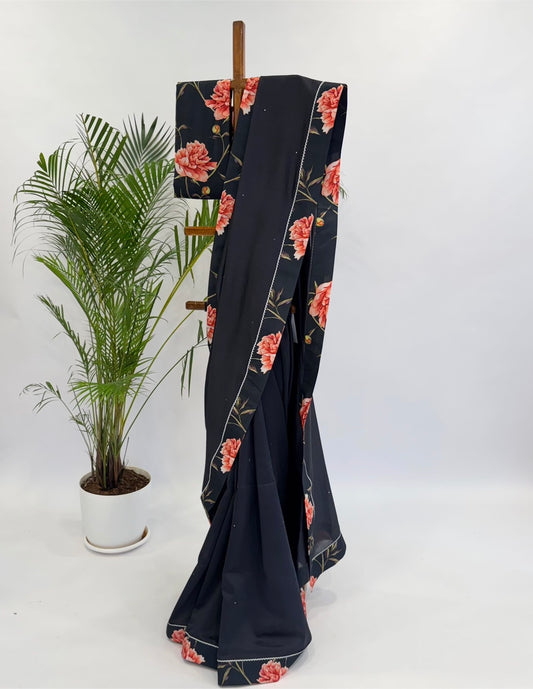 Black peonia Chanderi Silk Saree