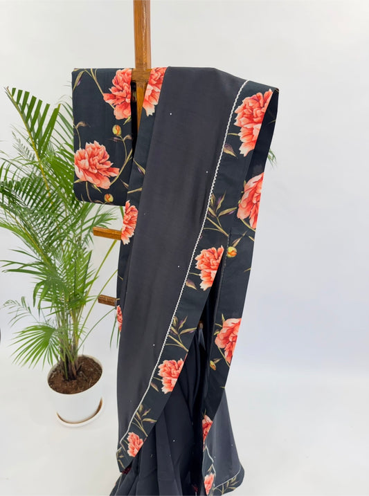 Black peonia Chanderi Silk Saree