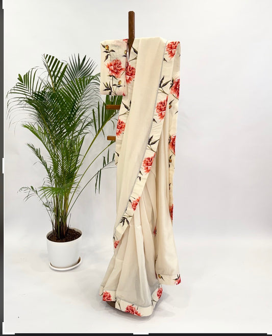 Ivory Peonia Chanderi Silk Saree